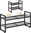 ELYKEN Shoe Rack, 2-Tier Expandable Shoe Organizer for Entryway, Metal Black Shoe Shelf with 4 Hooks, Ajustable Shoe Stand Ho