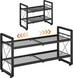 ELYKEN Shoe Rack, 2-Tier Expandable Shoe Organizer for Entryway, Metal Black Shoe Shelf with 4 Hooks, Ajustable Shoe Stand Ho