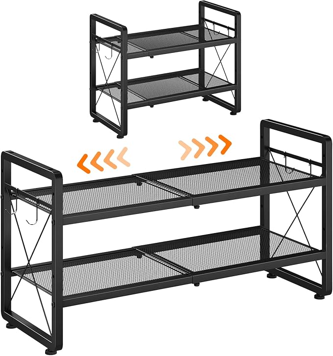 ELYKEN Shoe Rack, 2-Tier Expandable Shoe Organizer for Entryway, Metal Black Shoe Shelf with 4 Hooks, Ajustable Shoe Stand Ho