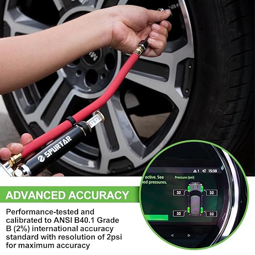 Spurtar 10-120 PSI Heavy Duty Tire Pressure Gauge with Inflator Air Chuck with Pressure Gauge with 4 Way Tool and Valve Cores Air Compressor Attachments Tire Inflator Nozzle for Car Automotive Truck