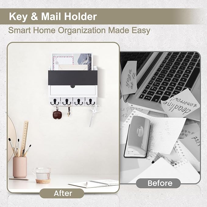 Mail and Key Holder Wall Mount with Storage Drawer – Modern Wooden Mail Organizer for Wall Entryway, 7 Key Hooks & Chalkboard