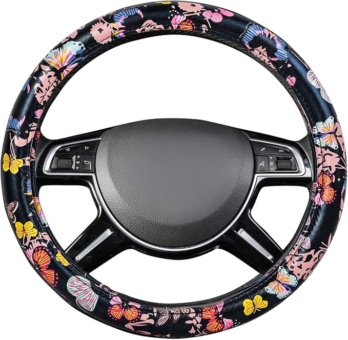 Outlet Pretty Colorful Butterfly Steering Wheel Cover, Universal 14.5-15 Inch Anti-Slip Leather Car Wheel Protector for Women