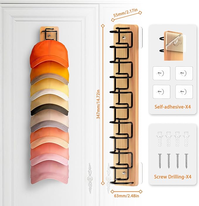 2 Pack Hat Organizer for Baseball Caps, Wood & Metal Hat Rack for Wall, Hat Storage for 22 Caps with Strong Adhesive/Wall Dri