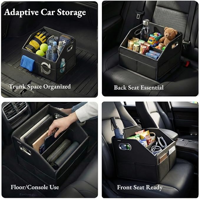 Car Storage Organizer - Compact PU Leather Bin for Trunk, Front Seat, Back Seat & Car Floor