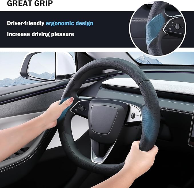 Steering Wheel Cover for Tesla Model 3 Highland(2024-Present)/ Model Y Juniper(2025-Present),Anti-Slip,Comfortable Grip,Breathable,Customized for Tesla Model 3/Y Accessories,Nappa Black