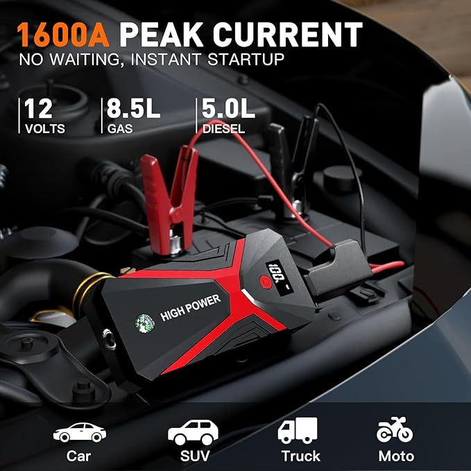 Jump Starter, 1600A 4 in 1 Function Battery Jumper Starter Portable Up to 8.5L Gas & 5.0L Diesel Engines 12V Jump Box