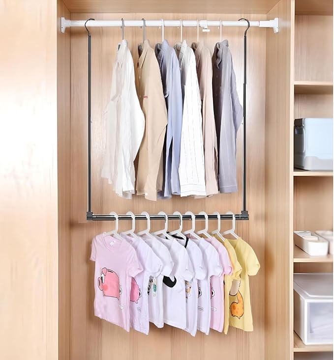Adjustable Hanging Closet Rod, Extender Hanging Rod, Closet Hanging Organizer, Heavy Duty Closet Bar, Hanging Rod (Black, 2 P