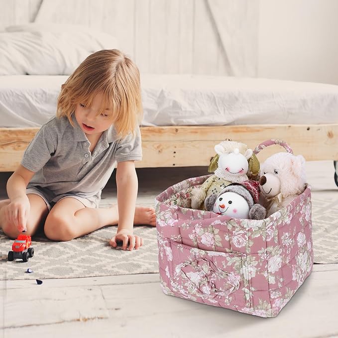 Storage Basket Boho Fabric Large Collapsible Floral Laundry Nursery Hamper Portable Folding Storage for Clothes Toys (Pink)