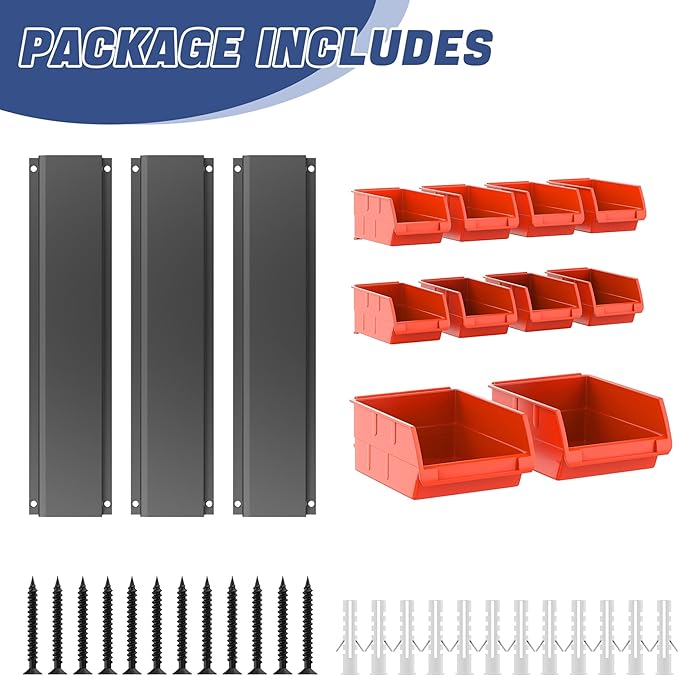 WALMANN Wall Mounted Storage Bins for Small Parts, 10 Bins with 3 Metal Rails, Plastic Bins for Screws, Bolts, Nuts, Craft Ro