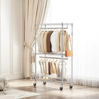 M MZG Heavy Duty Rolling Garment Rack 3 Tiers Adjustable Wire Shelving Clothes Rack with 2 Rods and Side Hooks,Storage Closet