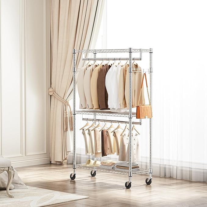 M MZG Heavy Duty Rolling Garment Rack 3 Tiers Adjustable Wire Shelving Clothes Rack with 2 Rods and Side Hooks,Storage Closet