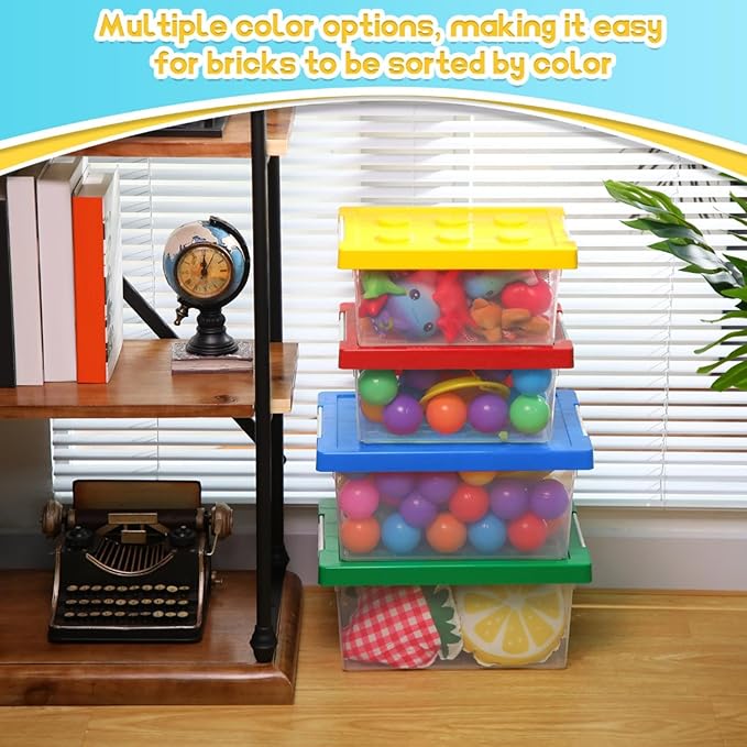 Vicenpal 4 Pack Toy Storage Containers with Lids Brick Shaped Kids Toy Organizer Box Plastic Clear Stackable Bin Chest for Bu