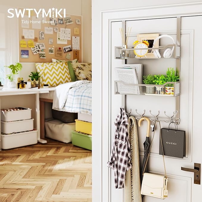SWTYMIKI Over The Door Hook with 16 Hooks & 2 Mesh Baskets - Heavy Duty Over The Door Organizer Hanger for Towels, Coats, Clo