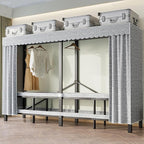 Portable Foldable Wardrobe Closet, Grey Heavy Duty Garment Rack with Fabric Cover and 2 Hanging Rods, 50cm Large Capacity Ext