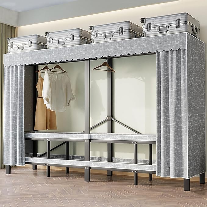 Portable Foldable Wardrobe Closet, Grey Heavy Duty Garment Rack with Fabric Cover and 2 Hanging Rods, 50cm Large Capacity Ext