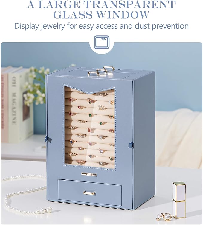 Homde Jewelry Organizer with Transparent Window Necklace Hooks Gift for Women Jewelry Box Display Case for Necklaces Rings Ea