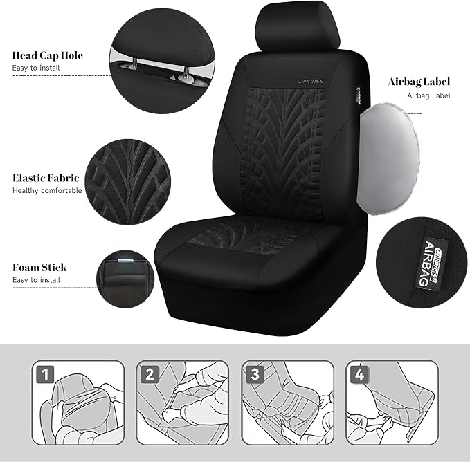 CAR PASS Car Seat Covers Full Sets, Front & Split Rear Bench for Car, 3D Tyre Embossed Automotive Interior Covers, Airbag Com