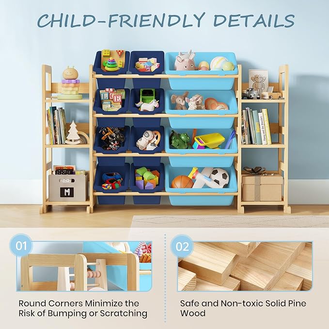 EXPERLAM Extra Large Toy Storage - Toy Storage Organizer, Wooden Toy Organizer with 6 Side Shelves and 12 Bins, 3-in-1 Booksh