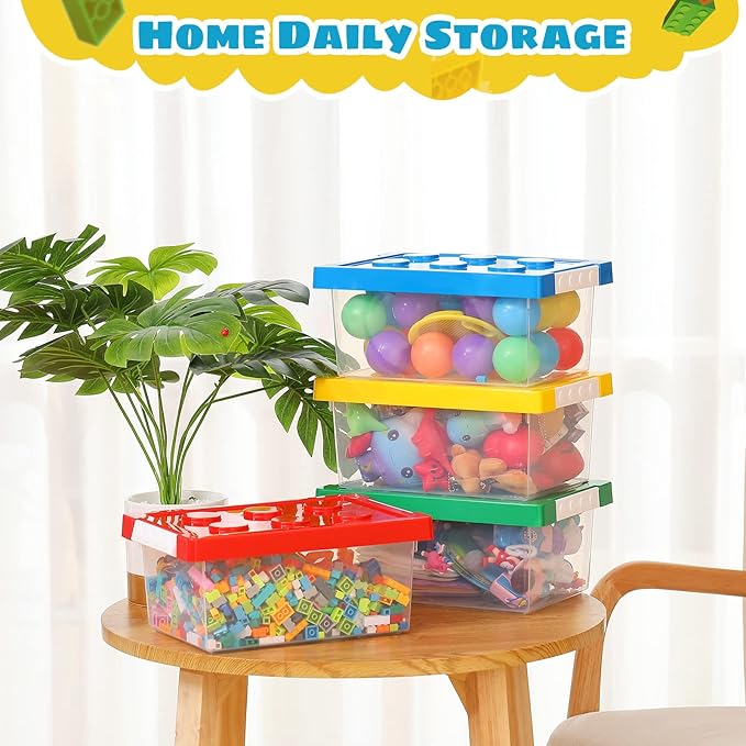 Vicenpal 4 Pack Toy Storage Containers with Lids Brick Shaped Kids Toy Organizer Box Plastic Clear Stackable Bin Chest for Bu