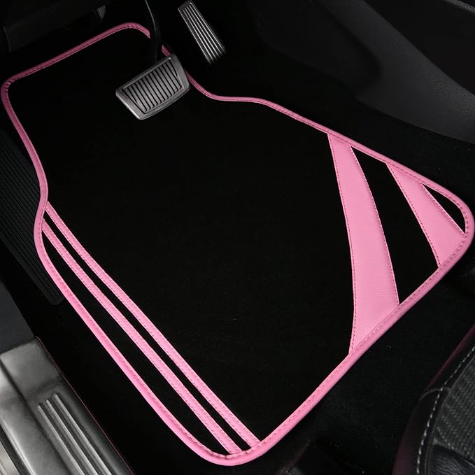 CAR PASS Pink Edge Faux Leather Car Floor Mats Universal Car Carpet Mats with Double Stitch Line Anti-Slip Backing Design, fo