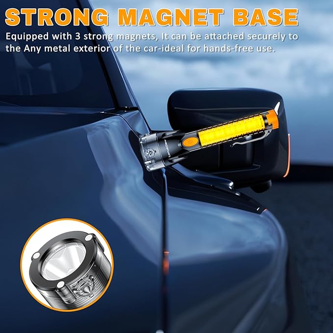 Multifunctional Car Safety Flashlight - Emergency Escape Tool with Window Breaker, Seatbelt Cutter, 3 Light Modes & Magnetic 