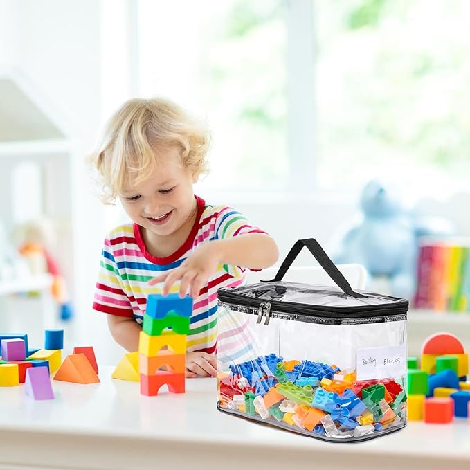 8 Pack Large Clear Storage Bag for Toys with Name Tag, Waterproof Duty PVC Toy Organizer Case for Board Games, Building Block
