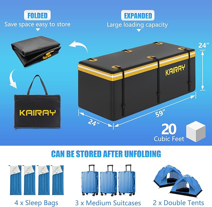 KAIRAY 500 Lbs Heavy Duty Hitch Mount Cargo Carrier 60"x24"x14.4" Folding Rear Luggage Rack Basket Fits 2" Receiver for Car SUV Camping Traveling with Stablizer Waterproof Bag Net Ratchet Straps Lock