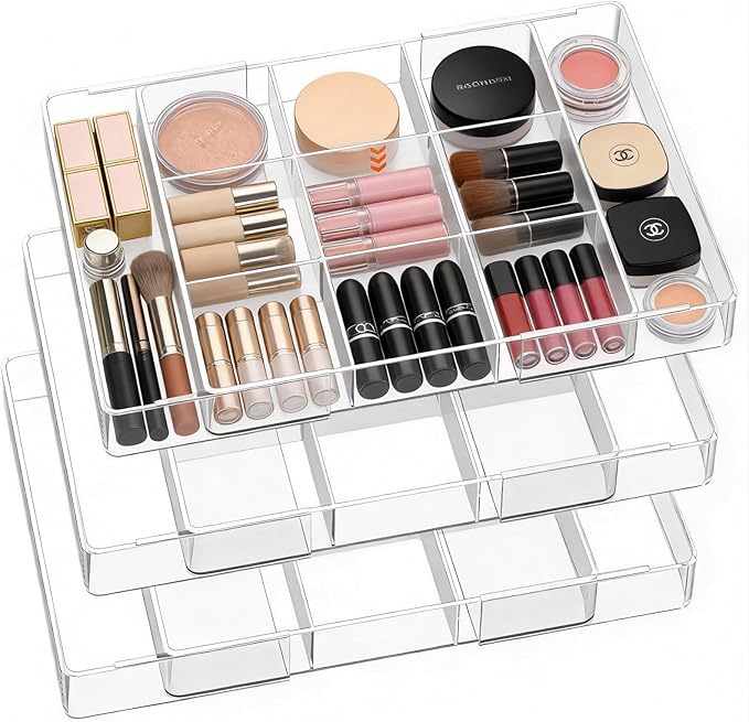 Acrylic Expandable Desk Drawer Organizer with 11 Adjustable Compartments and 6 Removable Dividers Desk Accessories for Office