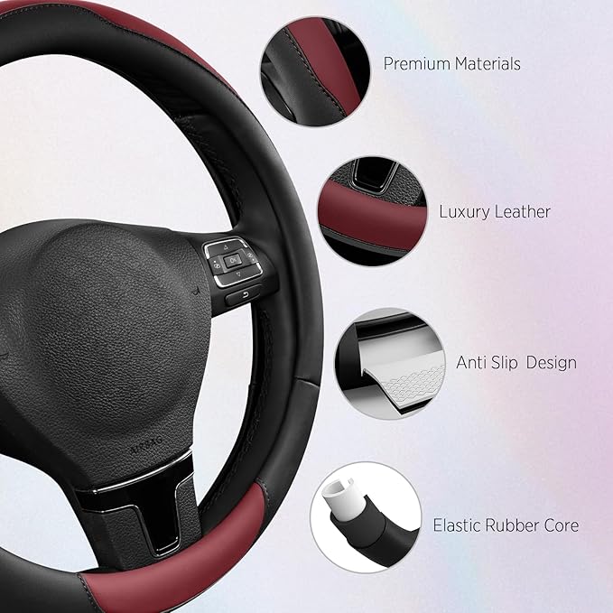 Road Comforts Steering Wheel Cover, Breathable Anti-Slip Leather Steering Wheel Cover, Universal Fit 14.5–15 Inch, Comfortabl