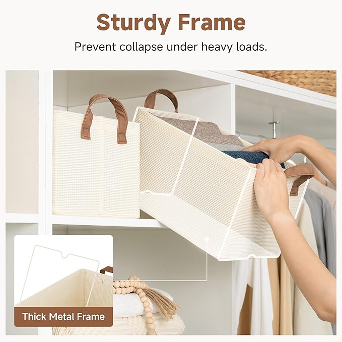 StorageWorks Storage Bins, Shelves Baskets for Organizing, Fabric Closet Organizers with Handles, Metal Frame, Beige-Texture,