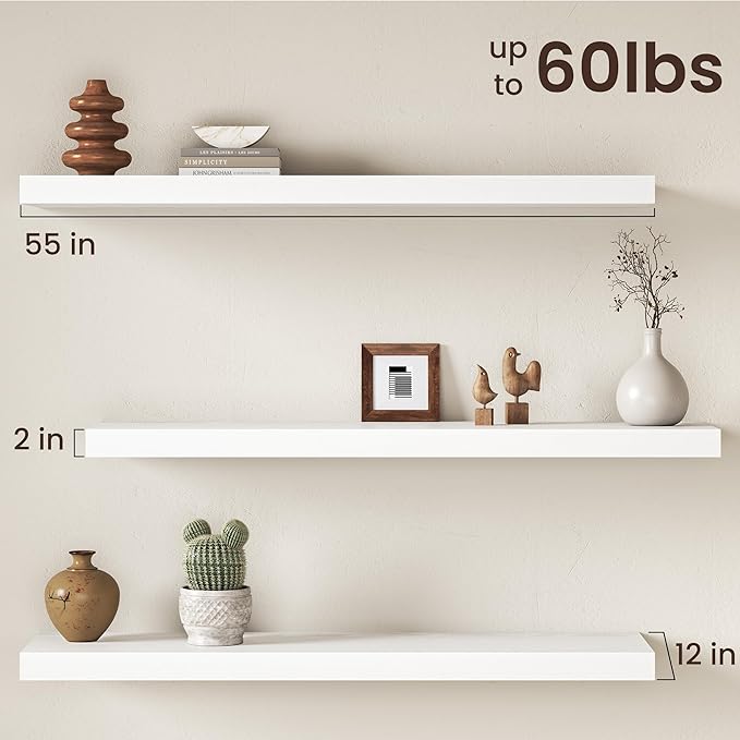 White Floating Shelves 55Inch Long, 12 Inch Deep Floating Shelves for Wall, 55 x 12 Large Floating Shelf for Fireplace Mantel