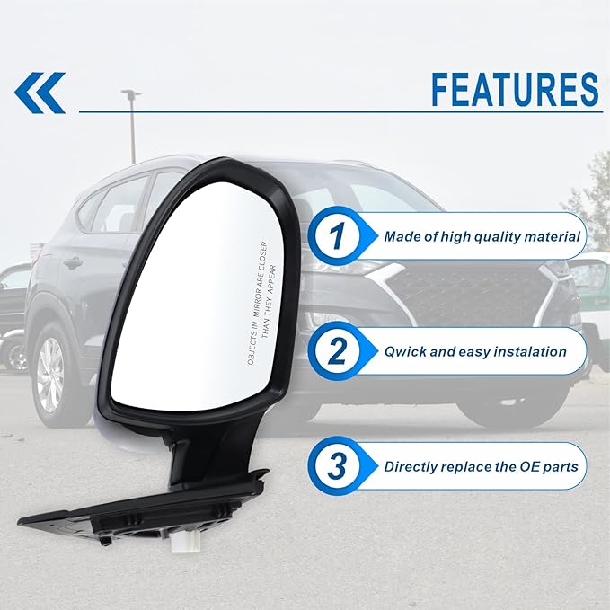 Right Passenger Side Mirror Compatible With 2019 2020 2021 Hyundai Tucson With Manual folding Power glass Black Replace #87620-D3990(3Pins)