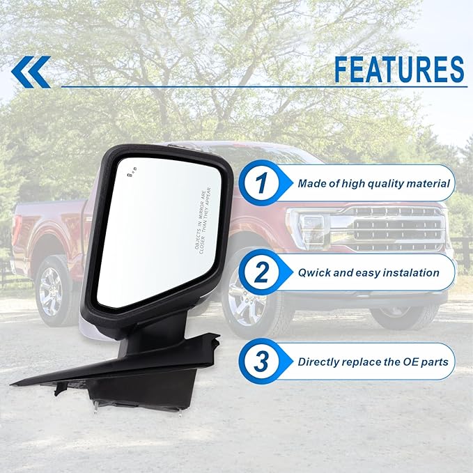 Right Passenger Side Door Mirror Compatible With 2021-2026 Ford F150 With Manual Folding Heated Blind Spot Turn Signal Light Puddle Light Temperature Sensors Chrome Replace#ML3Z17682SA(13Pins)
