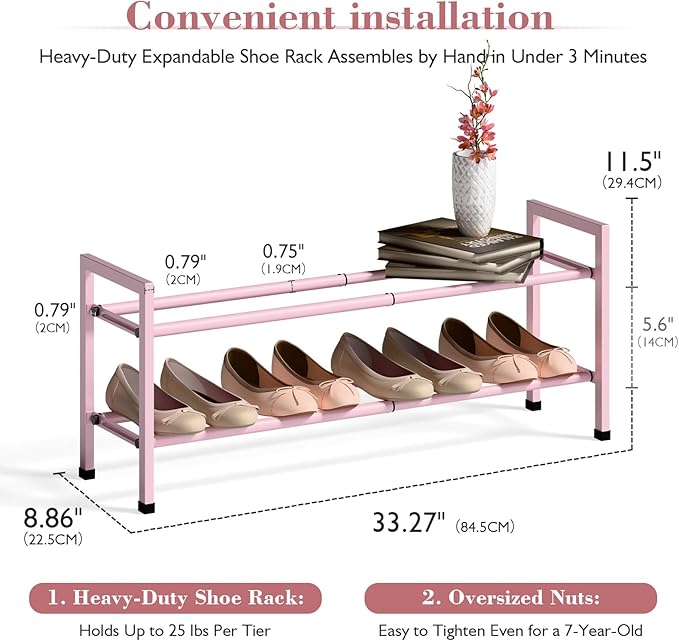 Bumusty 2-Tier Expandable Shoe Rack for Closet, 18“-33” Adjustable Shoe Rack for Small Space, Small Shoe Organizer for Front 