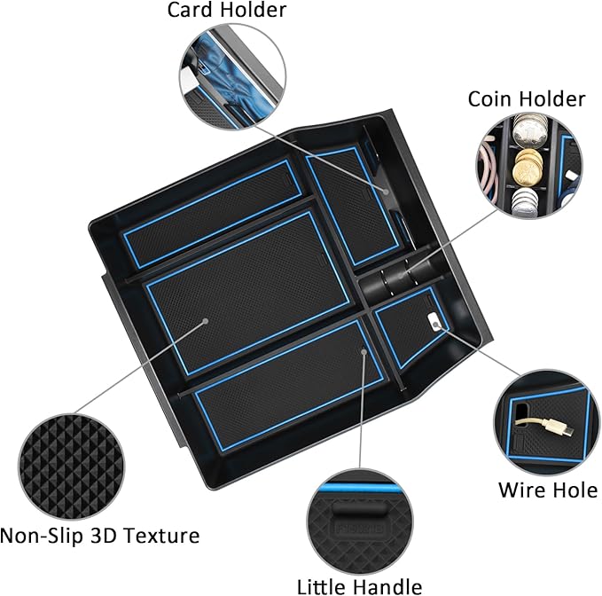 Center Console Organizer Tray for Ford F150 2021 2022 2023 2024 Accessories Interior Secondary Storage Armrest Box Insert Hidden Cubby Drawer (Full Console w/Bucket Seats ONLY) (Blue Trim)
