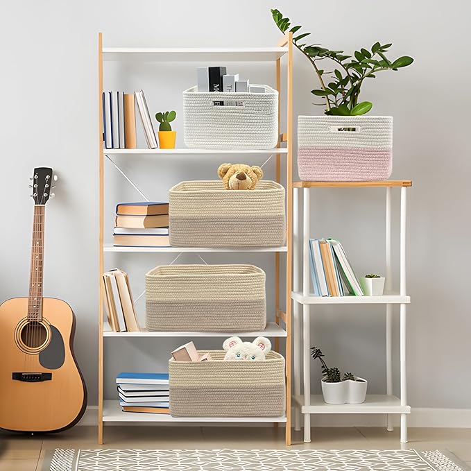COMFY-HOMI 3 pcs Large Storage Baskets for Shelves, Laundry Basket, Woven Rope Basket, Closet Organizer Bins for Clothes Blan