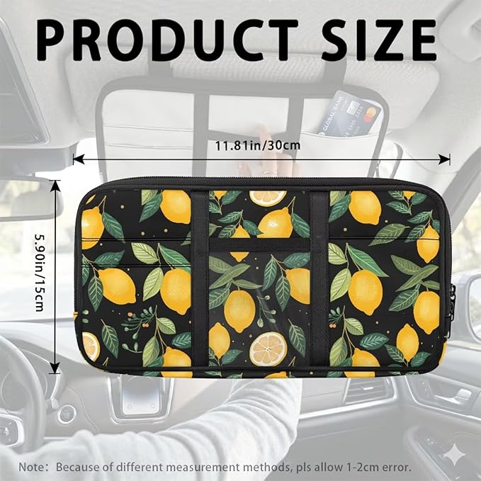 Lemon Car Visor Organizer, Multipurpose Car Sun Visor Organizers with Zipper Lightweight Portable Auto Sunshade Organizer Bag Polyester Soft Truck Sunvisor Organizers for Most Vehicles