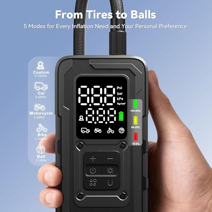 Tire Inflator Portable Air Compressor - 4X Faster 160 PSI Portable Air Pump for Cars - Cordless Tire Inflators with Gauge - Portable Tire Inflator for Car, Pickup, Bike and More (Black)