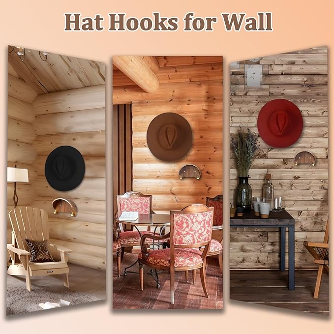 2 Pack Cowboy Hat Rack, Wooden Satin Finish Hat Holder on Wall,Non-Damage Brim Design, Hat Hooks Can Keeps Original Shape of 