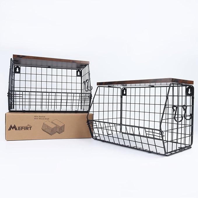 Mefirt 2pcs Fruit Basket Kitchen Storage Basket with Wood Lid, Stackable Wall Basket Fruit Basket for Kitchen, Countertop Org