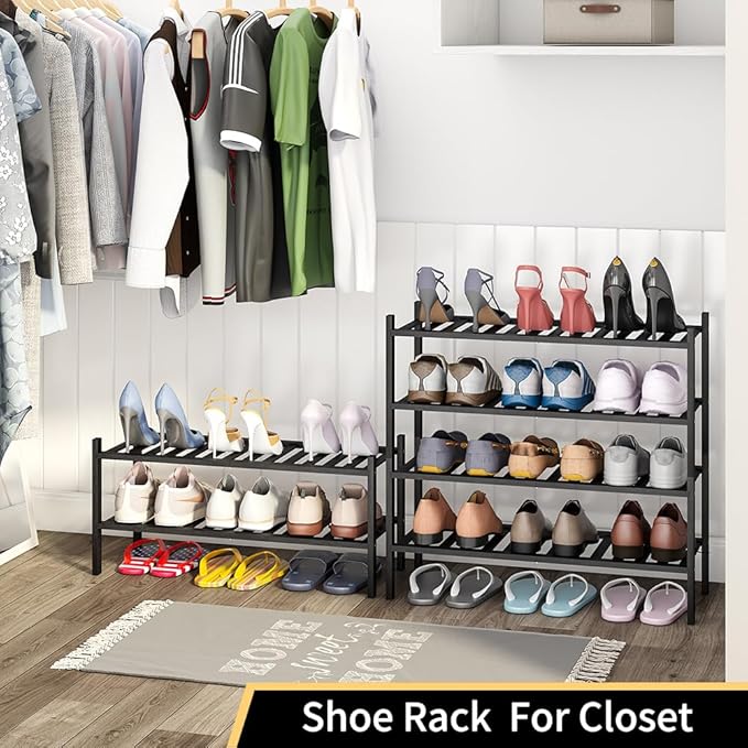 4-Tier Bamboo Shoe Rack for Entryway, Stackable | Heavy Duty | Multi-Function, Free Standing Shoe Racks for Bedroom Hallway C