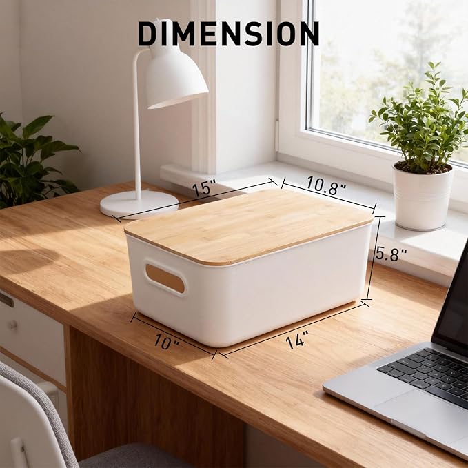 Citylife Storage Bins with Bamboo Lids 16QT Plastic Storage Containers Stackable Organizer Boxes with Handle for Desk Snacks,