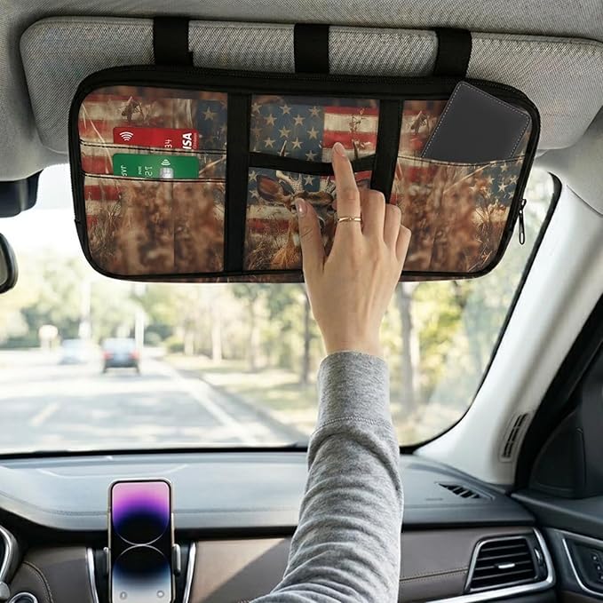 Deer Print Car Sun Visor Organizer 11.81 x 5.9 Inch Car Storage Pouch Holder Multi-Pocket Auto Interior Accessories Pocket Organizer for Card Pen Phone