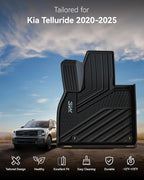 3W Floor Mats & Cargo Liner with Backrest Mats for 2025-2020 Kia Telluride 7&8 Seats, TPE All Weather Custom Fit Floor Liners with Full Set Kia Telluride Floor Mats & Trunk Mats Accessories, Black
