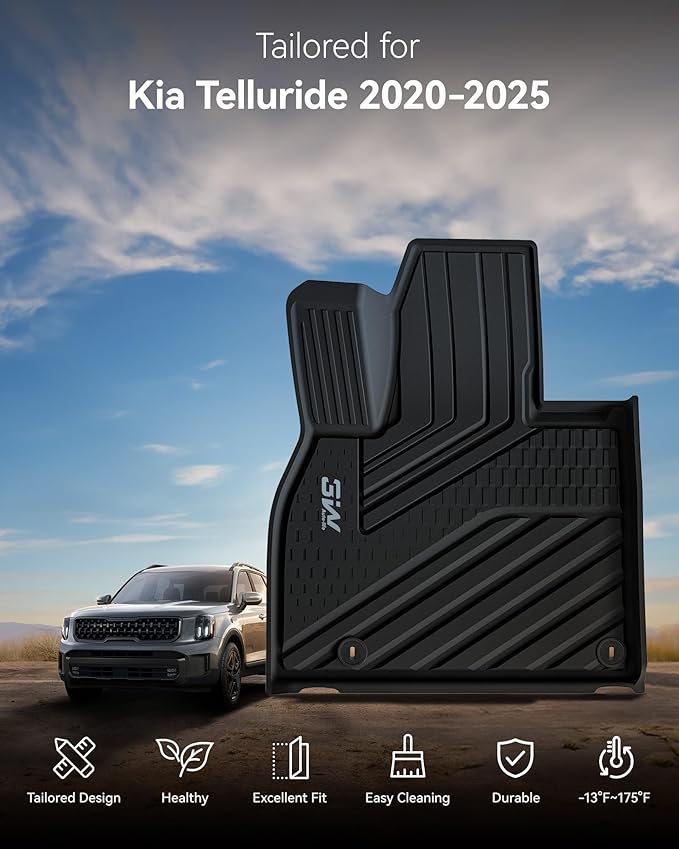 3W Floor Mats & Cargo Liner with Backrest Mats for 2025-2020 Kia Telluride 7&8 Seats, TPE All Weather Custom Fit Floor Liners with Full Set Kia Telluride Floor Mats & Trunk Mats Accessories, Black