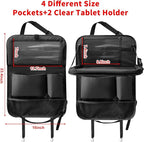 Car Backseat Organizer with Tablet Holder, 6 Storage Pockets Foldable Table Tray Seat Back Protectors Kick Mats Travel Accessories, 2 Pack Black