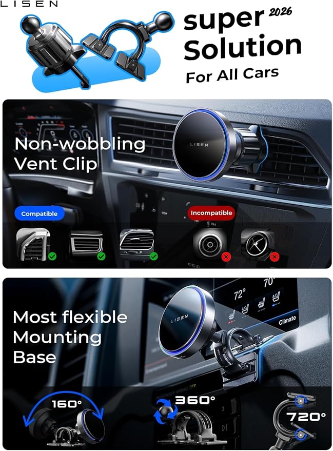 LISEN 15W MagSafe Car Mount Charger,Travel MagSafe Charger,Wireless Car Charger,Magnetic Phone Holder for Car,Phone Holders for Your Car Accessories for Women Men Jeep Ford for iPhone 17-12,Samsung