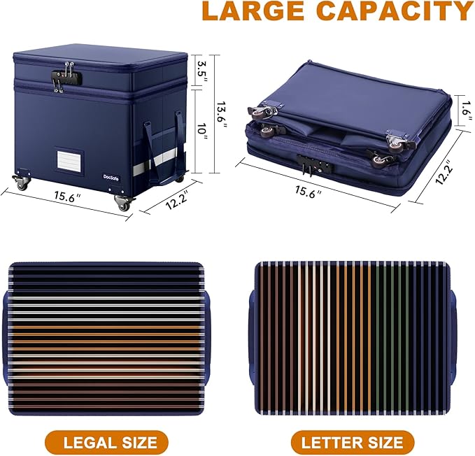 DocSafe File Box with Lock, 2-Layer Fireproof Document Box with Wheels,Collapsible File Storage Organizer with Pockets,Large 