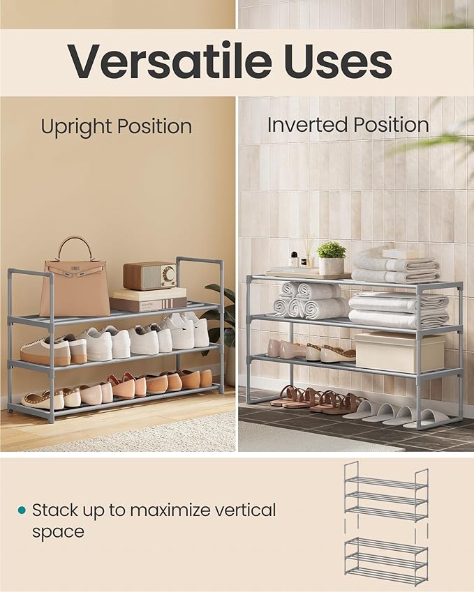 SONGMICS Shoe Rack, 3-Tier Shoe Organizer, Metal Storage Shelf, Upright or Upside Down, for 16-20 Pairs, Stackable, for Entry