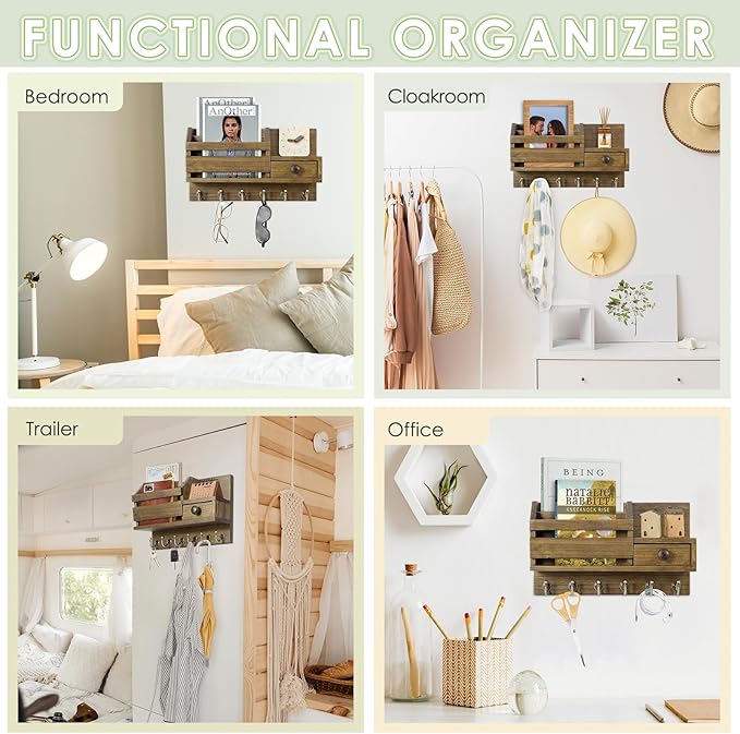 VIS'V Key Holder Wall Mount, Wooden Mail and Key Organizer with Drawer and Shelf, 2 Slots, 6 Hooks, Brown